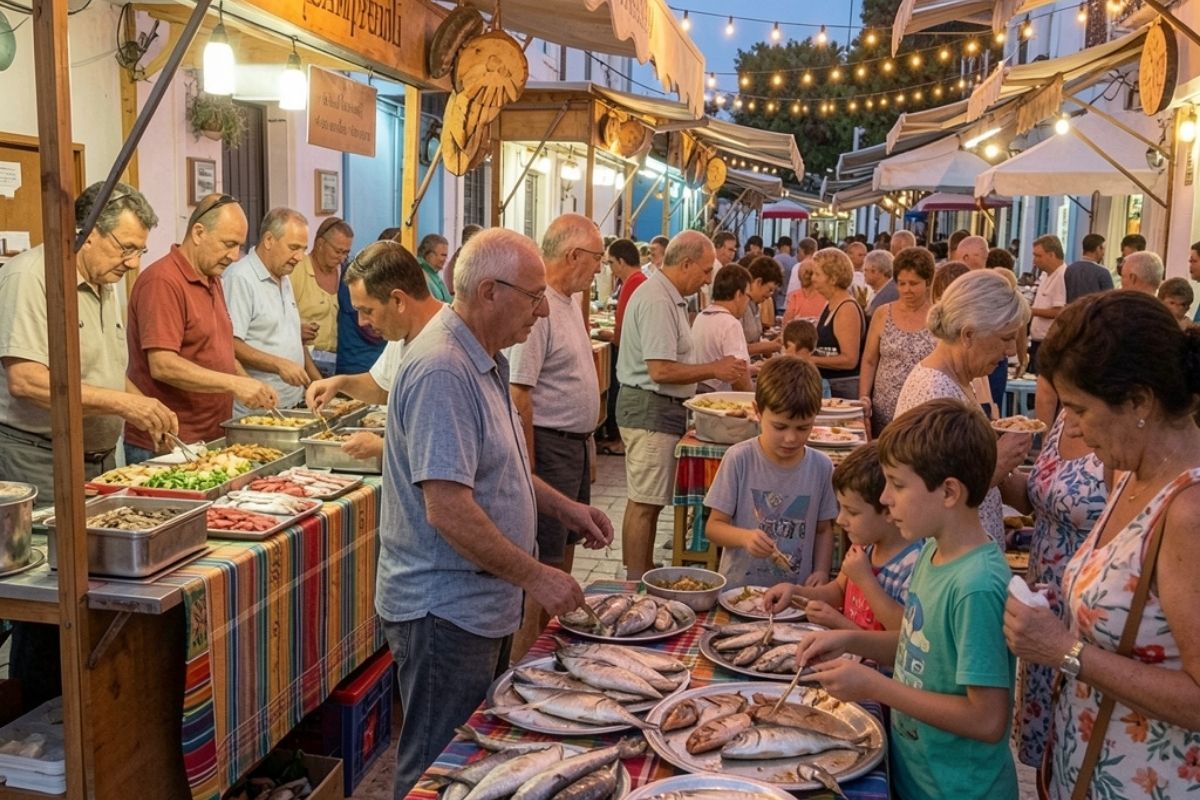 Stand gastronomici e tavoli all'aperto durante una sagra a Lampedusa, gente che degusta piatti tipici, atmosfera conviviale e luci calde