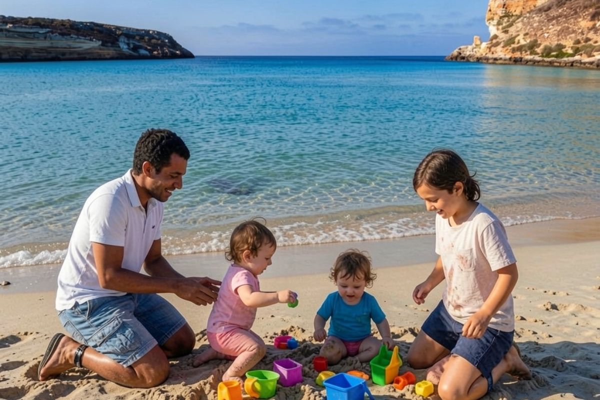Famiglia con bambini piccoli che gioca sulla sabbia bianca e fine di una spiaggia di Lampedusa, acqua bassa e trasparente, atmosfera rilassata e sicura