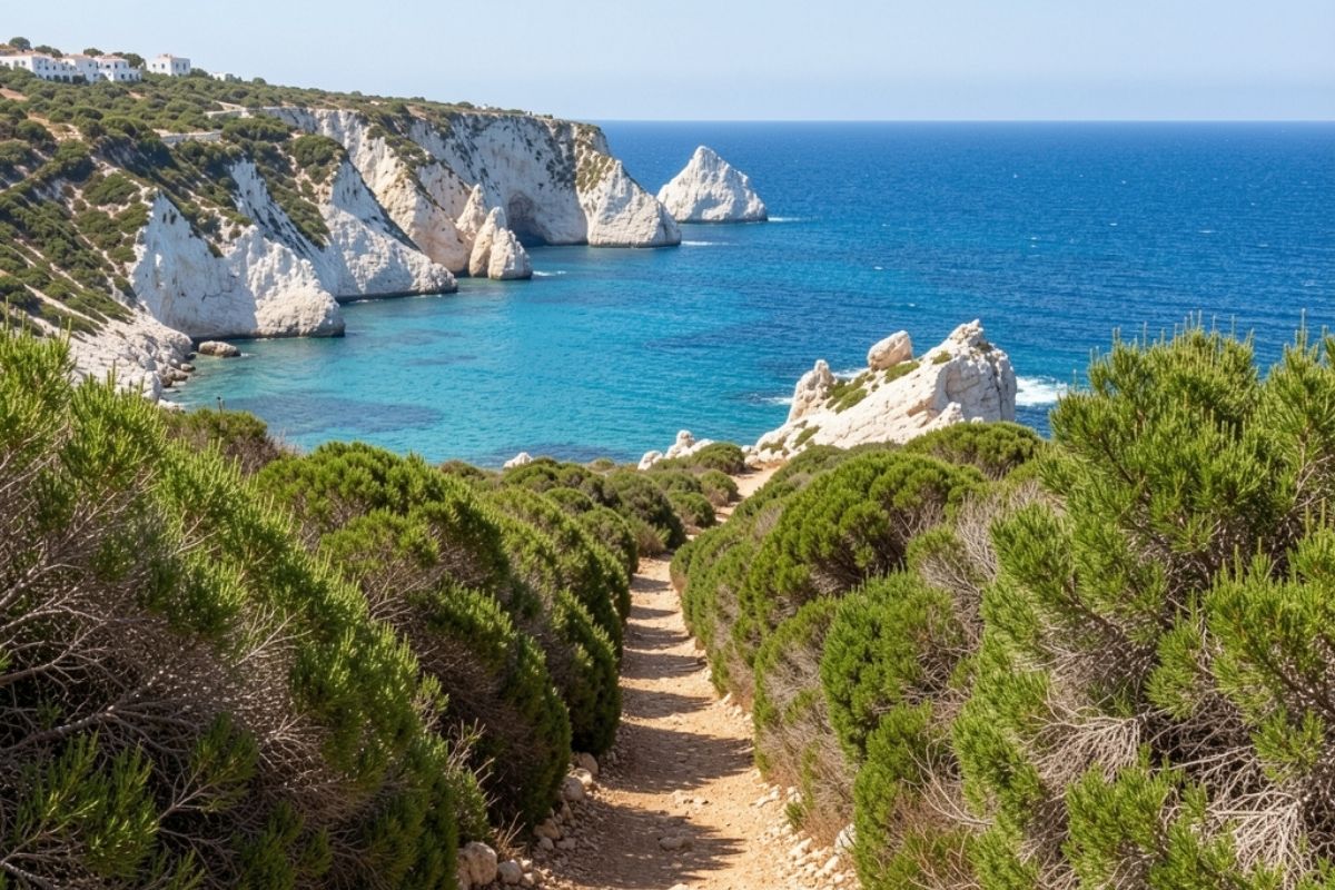 Vista panoramica di un sentiero costiero nella Riserva Naturale di Lampedusa, con macchia mediterranea, mare cristallino e scogliere bianche