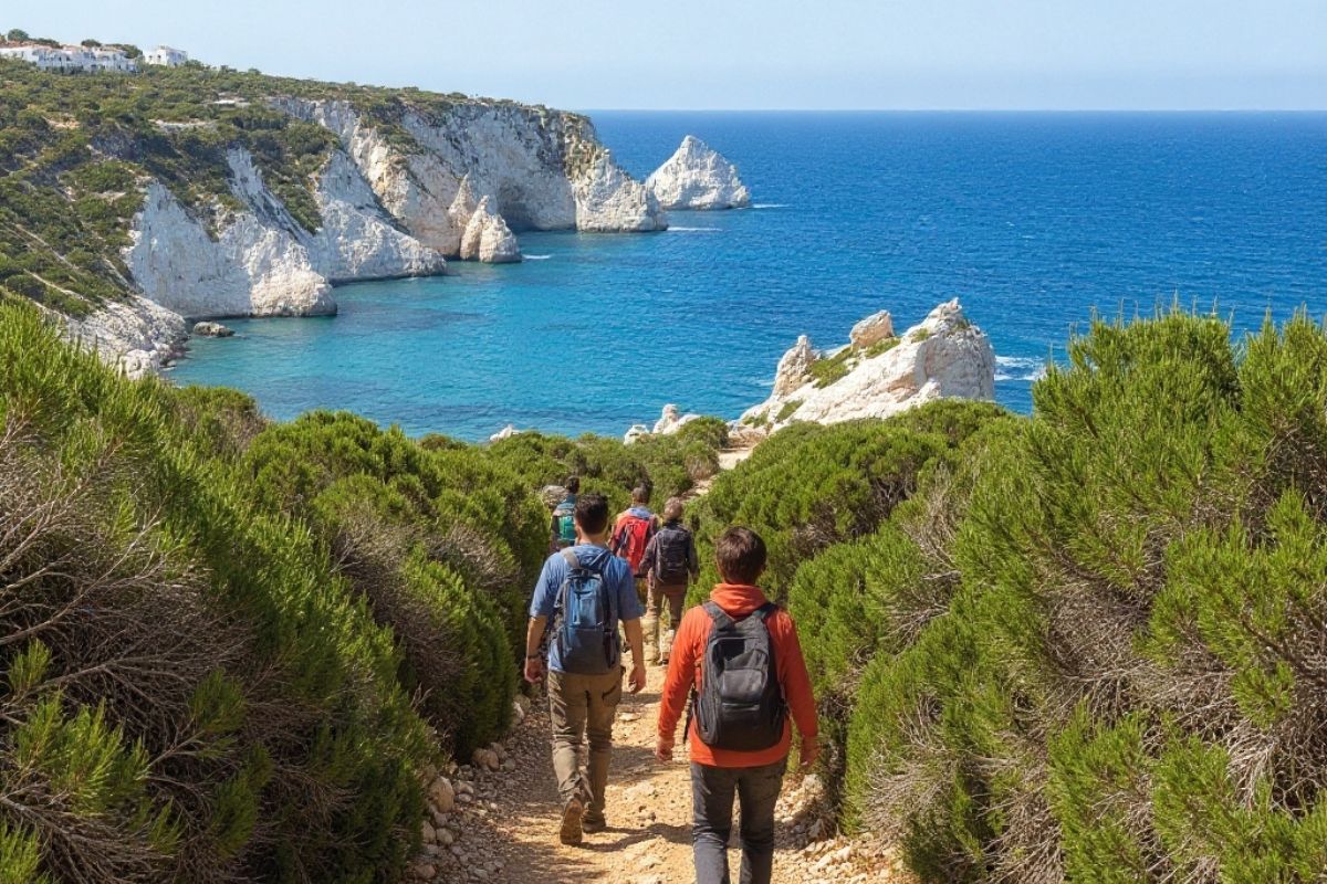 Dettaglio di gruppo di escursionisti, inclusi bambini, su un sentiero tra la macchia mediterranea di Lampedusa, con vista sul mare e la costa frastagliata