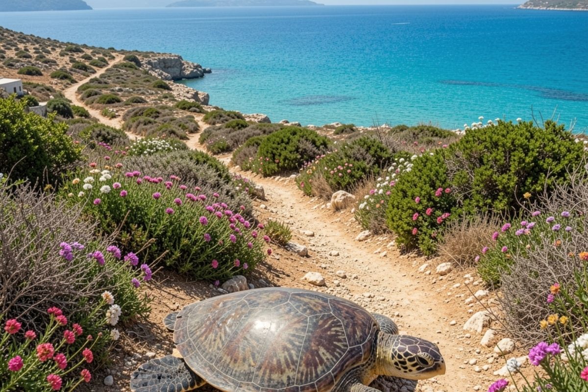 Panoramica suggestiva di Lampedusa: scorcio della costa con il mare turchese, sentieri naturali e dettagli di una tartaruga Caretta caretta in primo piano
