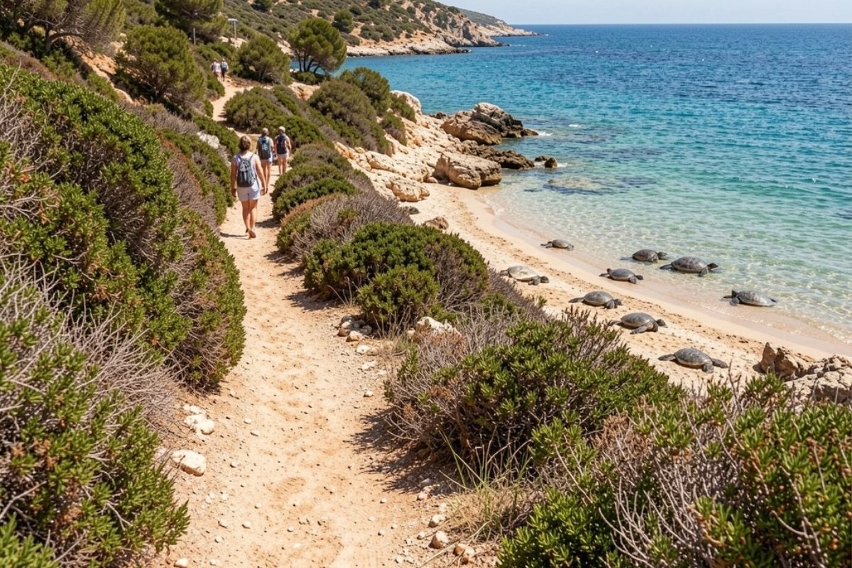 Sentiero naturalistico nella Riserva di Lampedusa, scorcio della Spiaggia dei Conigli con visitatori in escursione, vegetazione mediterranea e tartarughe in primo piano